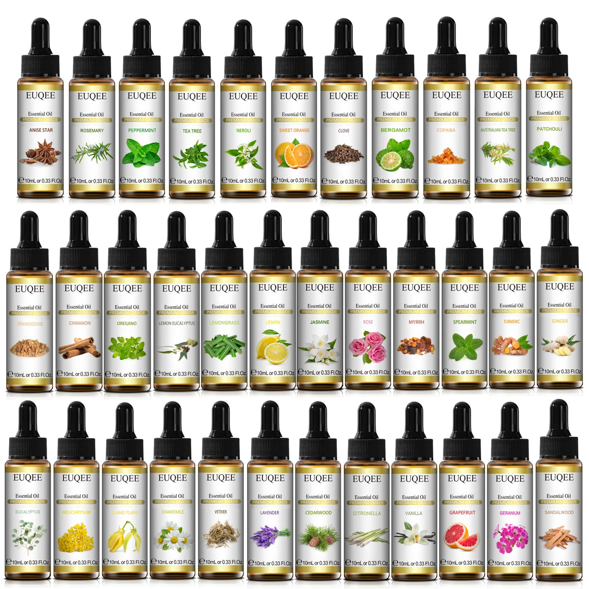 EUQEE 10ml Pure Essential Oil Peppermint Palo Santo Bergamot Eucalyptus Lavender Cinnamon Cedarwood Aromatherapy Essential Oils
