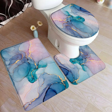 Abstract Turquoise Marble Bath Mat Set Modern Ink Art Textured Pattern Home Carpet Bathroom Decor Floor Rugs Toilet Lid Cover