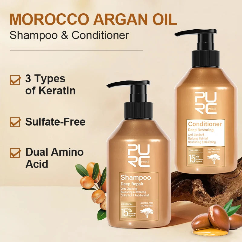 PURC Repair Damaged Hair Treatment Morocco Argan Oil Amino Acid Keratin Smoothing Sulfate-Free Shampoo Conditioner Set Hair Car