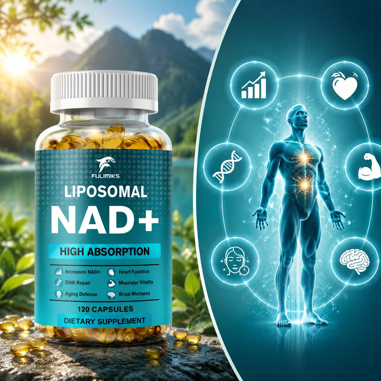 Liposomal NAD+ 1000mg Capsules, Supports Cellular Energy, Anti-Aging, DNA Repair, Brain, Heart Health & Natural Vitality