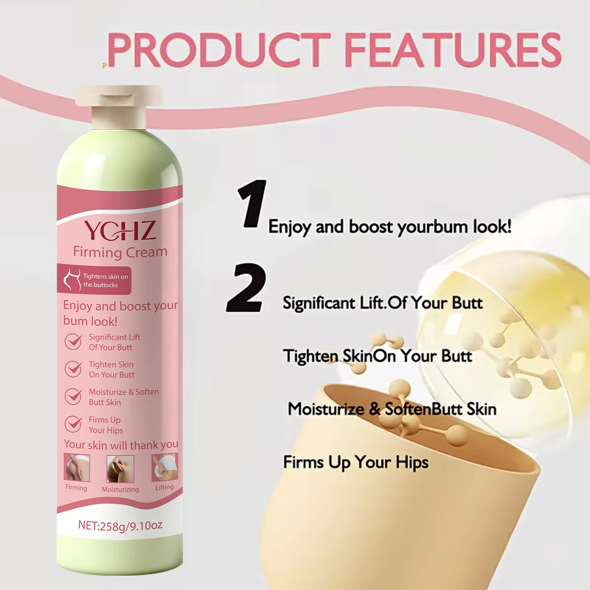 Firming Butt Cream - Hypoallergenic Firming and Moisturizing Body Cream with Collagen, Ceramide, Hyaluronic Acid, and Elastin - Lactose-Free, Firming Effect, 258g
