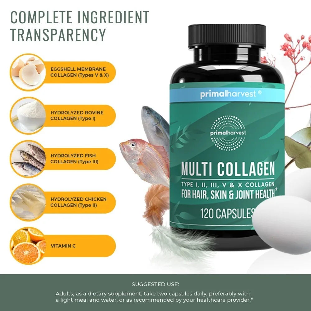 Multi Collagen Pills for Women and Men - Type I, II, III, V, X - 120 Capsules W/Vitamin C for Hair, Skin, Nails