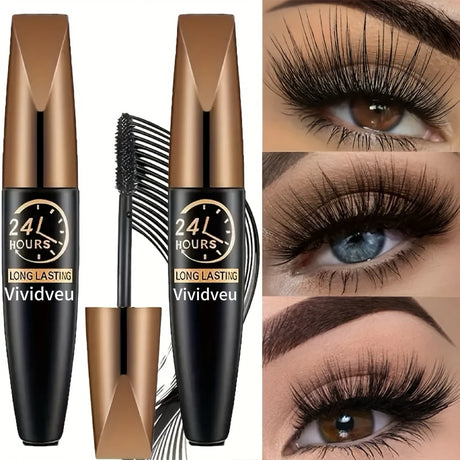 2PCS Waterproof Fiber Mascara + puff, providing curl and volume, long-lasting black formula, waterproof, smudge-resistant, non-s