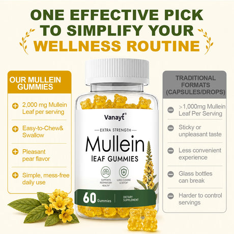 Vanayt 2000 mg Mullein Leaf Gummies - Supports Clear Lungs & Respiratory Health, Natural Detoxification, Enhanced Immune Function