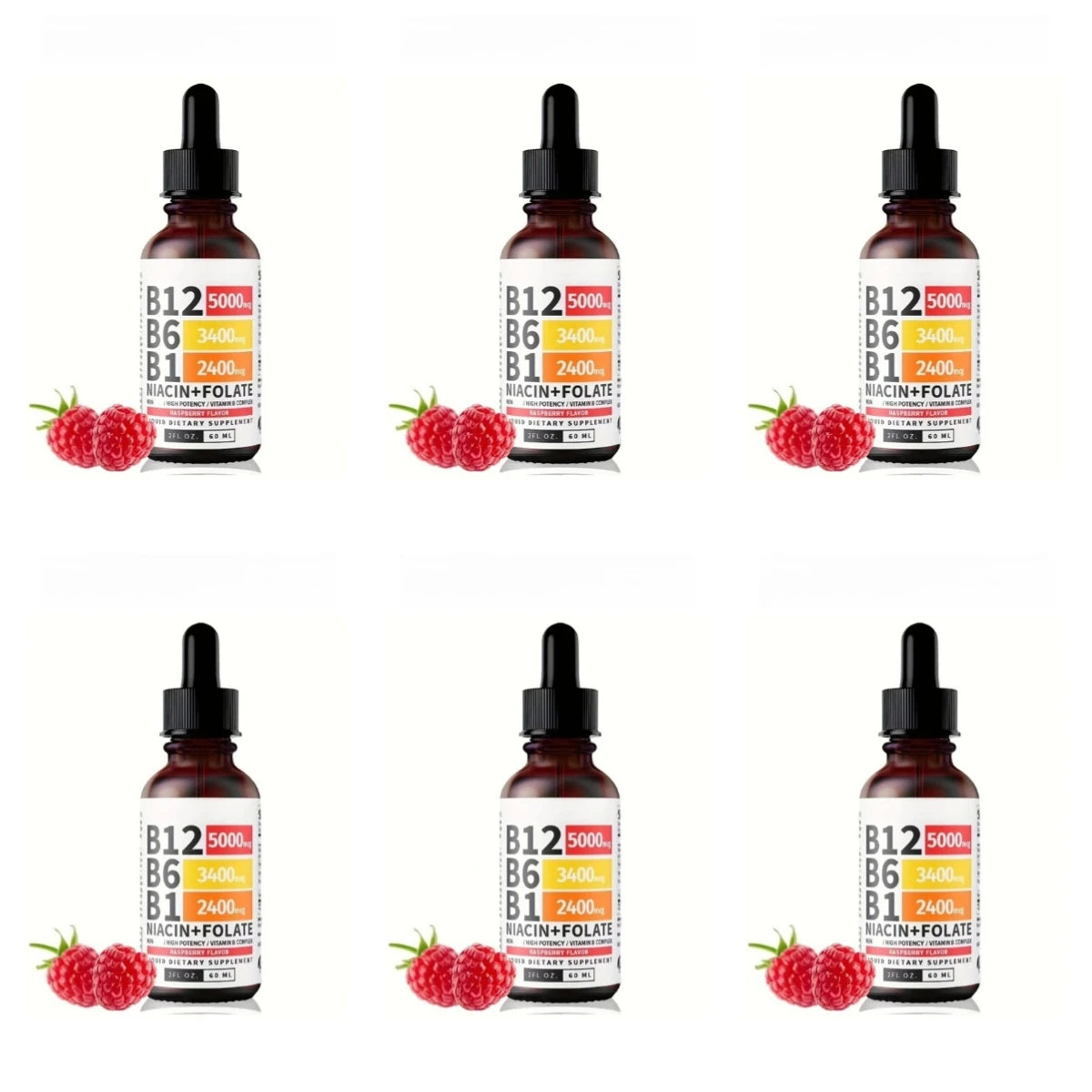 Vitamin B12 Liquid Drops 60ml Raspberry Flavor with Vitamin B6+B1 Etc Multivitamin Support Energy Recovery & Brain,Heart Health