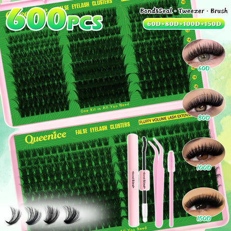 600pcs DIY Eyelash Clusters Kit - 60D 80D 100D 150D, 10-18mm Length Mix | Thick Natural Reusable False Lashes for Doll