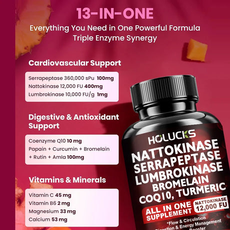 High Potency Enzyme Complex, with Lumbrokinase & CoQ10, Boost Vitality, Cellular Energy & Immune Health, Middle Aged Daily