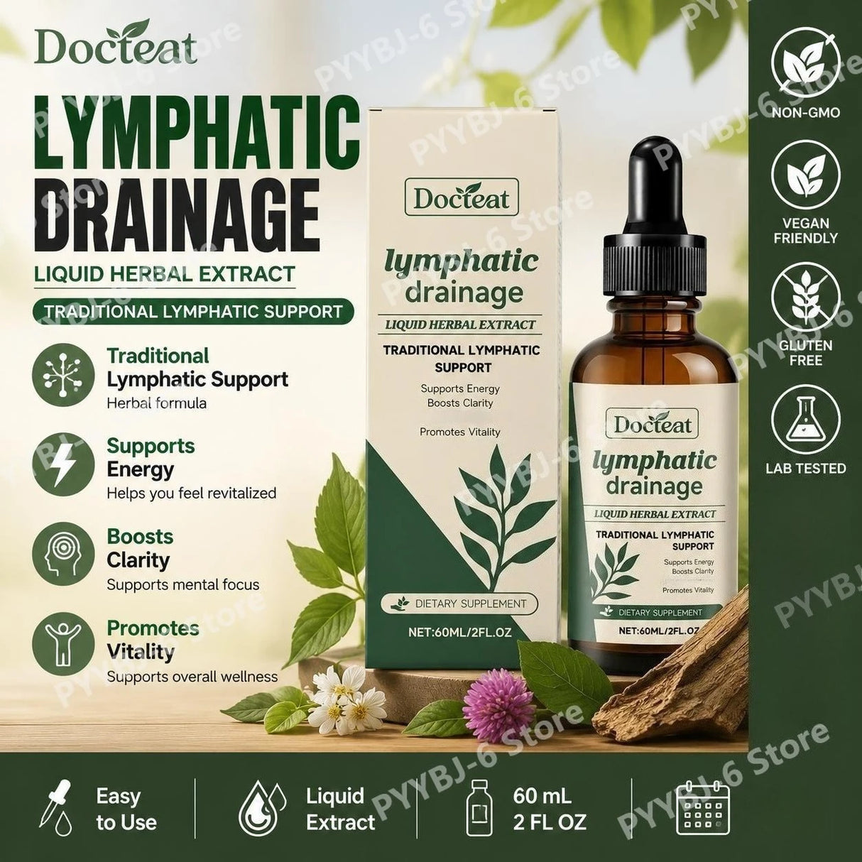 Docteat Lymphatic Drainage Liquid Herbal Extract with Boosts Clarity Supports Energy and Promotes Vitality Easy To Use 60 ML