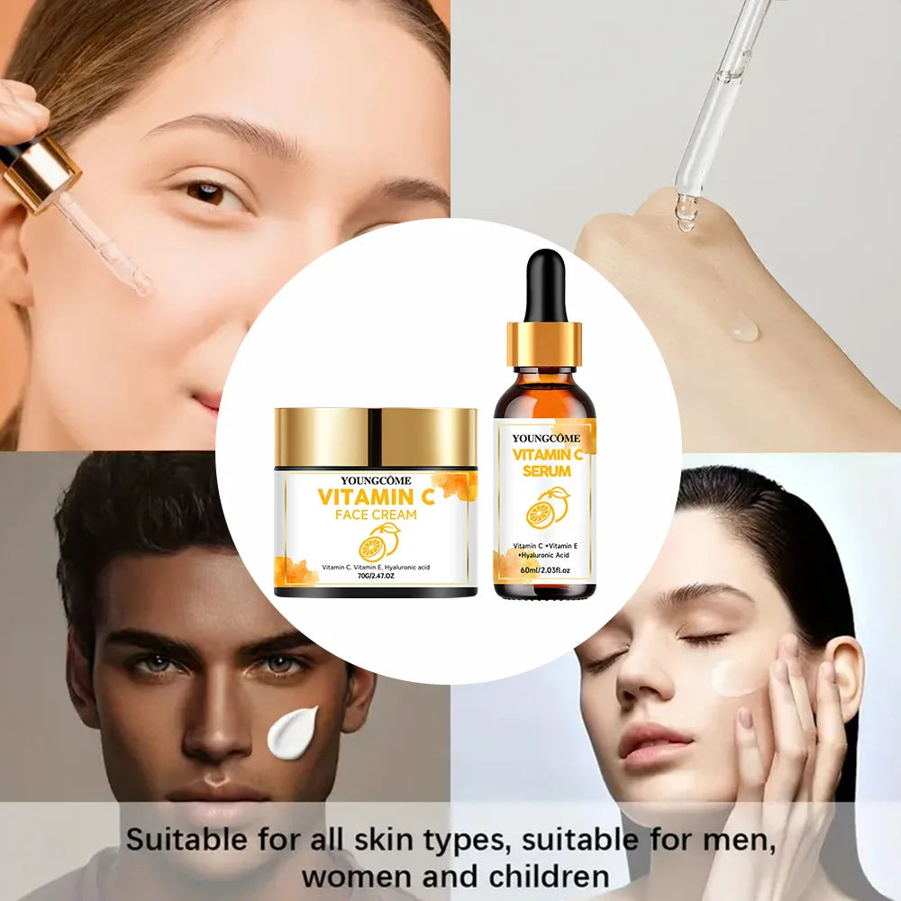 YOUNGCOME Vitamin C Skin Care Set For Women , Moisturizing Hyaluronic Acid Skin Care Routine with Serum, Face Cream 70g+60ml