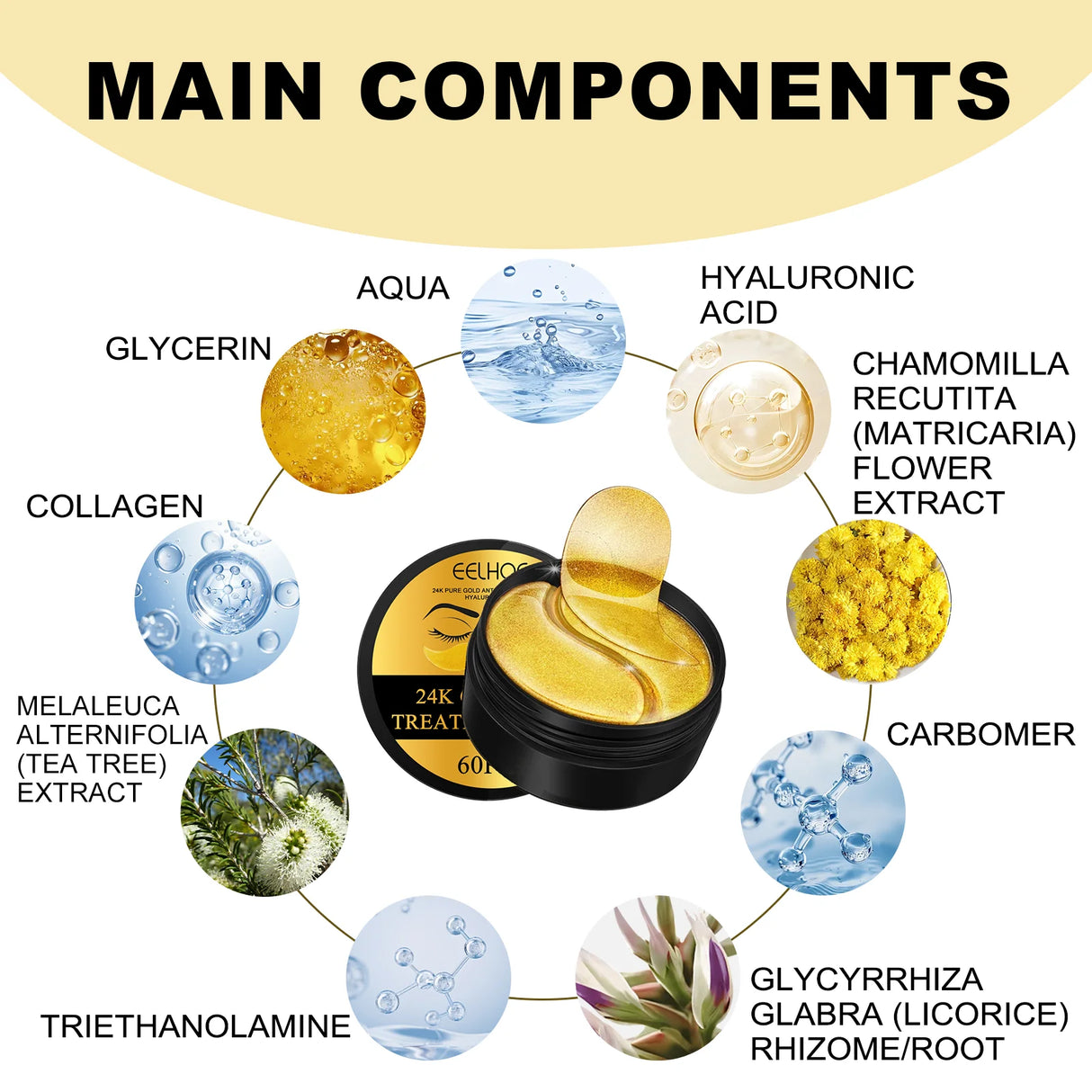 EELHOE 24k Gold Under Eye Patches 60 Pcs Eye Mask Pure Gold Anti-Aging Collagen Hyaluronic Acid Under Eye Mask