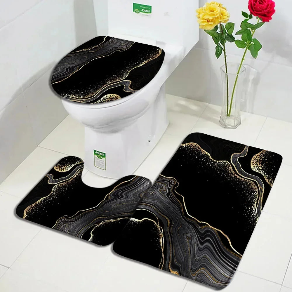 Abstract Marble Bath Mat Sets Modern Geometric Gold Lines Blue Texture Pattern Bathroom Decor Carpet Non-Slip Rugs Toilet Cover