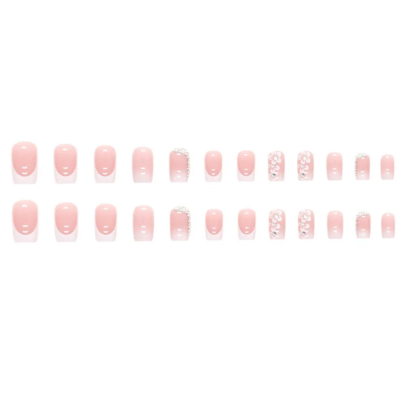 24 PCs Short French Simple Flower Pile Drill Nails with 1 Jelly Glue and 1 Nail File