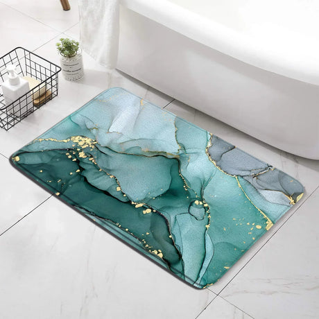 Abstract Turquoise Marble Bath Mat Set Modern Ink Art Textured Pattern Home Carpet Bathroom Decor Floor Rugs Toilet Lid Cover