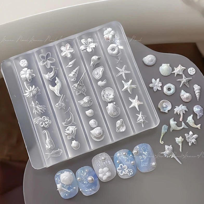 Ocean Themed Silicone Nail Art Mold Baroque Pearl Love Summer Beach Shell Conch Starfish Pattern 3D Carving Template Mold