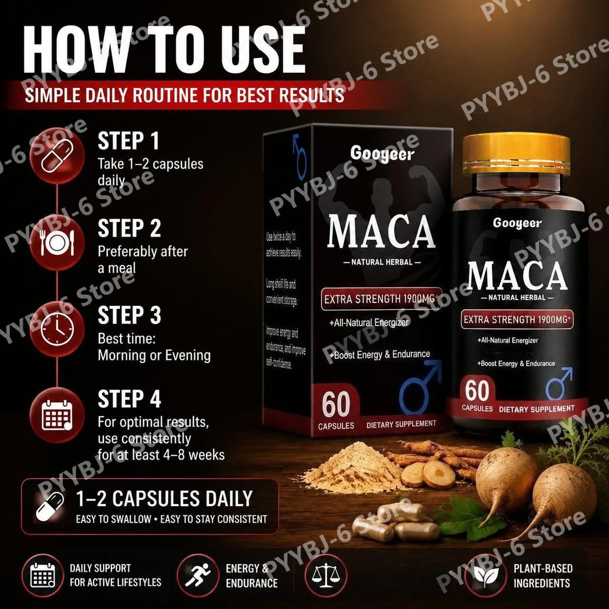 Googeer Maca Capsules with Maca Panax Ginseng and Ashwagandha Supports Energy and Endurance 60 Capsules