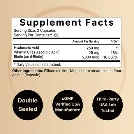 With Biotin & Vitamin C, Hyaluronic Acid 250 Mg, 3-in-1 - Skin Moisturization, Joint Comfort, Hair & Eye Health