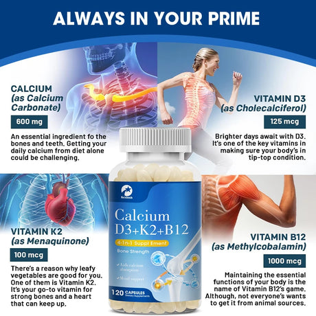Kexinsh Vitamin D3K2 Capsules Vb12 Calcium Support Calcium Absorption Bone Teeth Heart Brain Health Joints Immune Function