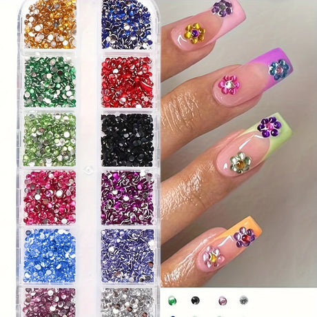 12 Grid Shimmering Crystal Nail Art Rhinestones - Flatback Gemstones for Versatile Decoration - Adorns Nails Shoes Makeup Bags