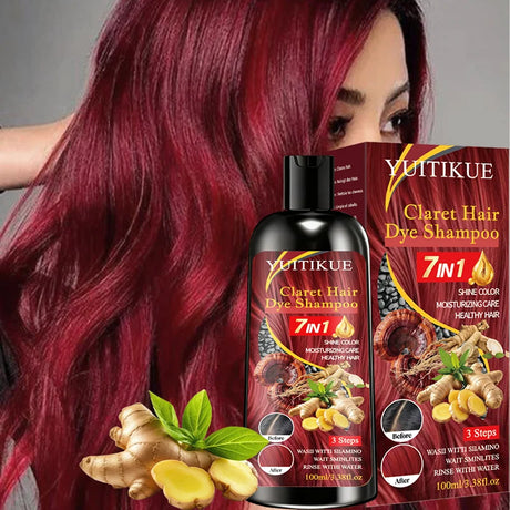 YUITIKUE 100ml Claret Hair Dye Shampoo, 7IN 1 Quick Coloring, Moisturizing Care with Natural Ingredients for Shiny, Healthy Hair