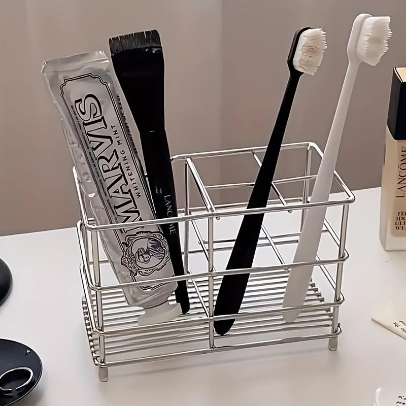 5-Slot Stainless Steel Toothbrush Holder - Space-Saving Freestanding Design, No Installation Required, Ideal for Bathrooms