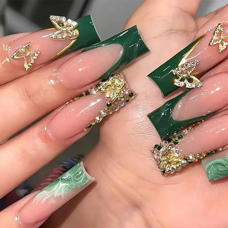 24Pcs Green French Golden Butterfly Square Press On Nails,Reusable Removable,For Daily Wear,High Quality Nail Art, Free Shipping