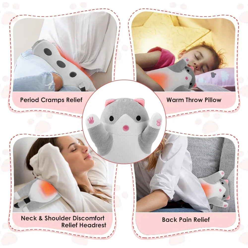 Cute Cat Electric Heating Pad for Period Cramps Soft Plush Stuffed Animal Design Portable USB Powered Heat Pad Gifts for Women