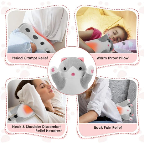 Cute Cat Electric Heating Pad for Period Cramps Soft Plush Stuffed Animal Design Portable USB Powered Heat Pad Gifts for Women