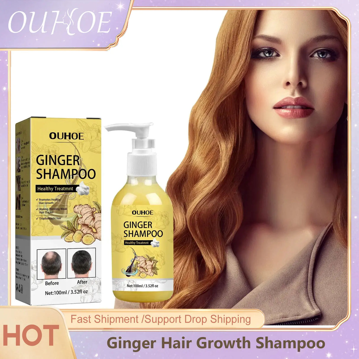Ginger Hair Growth Shampoo Hair Thickener Fluffy Smoothing Scalp Repair Dry Anti Itching Dandruff Frizz Anti Hair Loss Shampoo