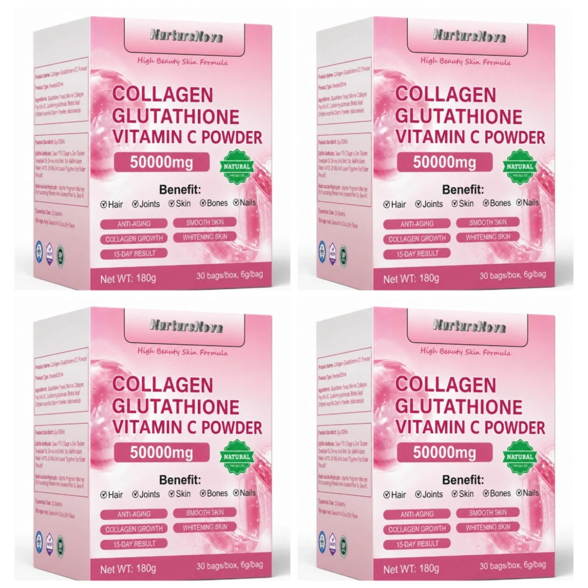 Collagen Peptides Glutathione Vitamin C Powder 30 Sachets, Marine Collagen Drink Mix Antioxidant Wellness Support