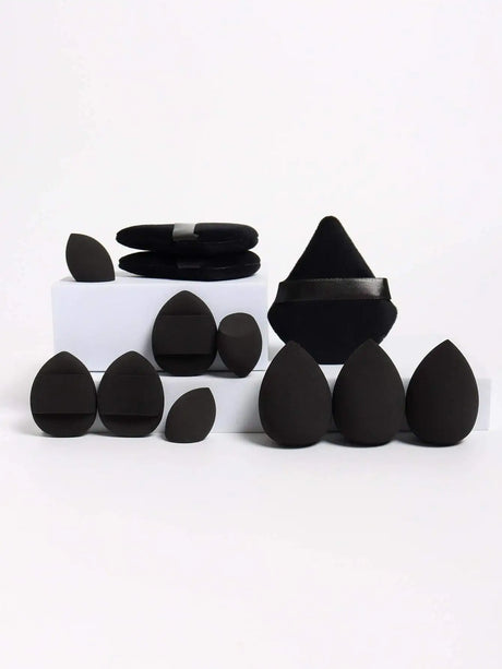 12pcs All-Purpose Makeup Sponges Set Consisting Of 3 Triangular Powder Puffs, 3 Mini Air Cushion Powder Puffs, 3 Water Drop Shaped Makeup Sponge, And 3 Mini Makeup Sponge. Suitable For Liquid Foundation, Powder Foundation, An