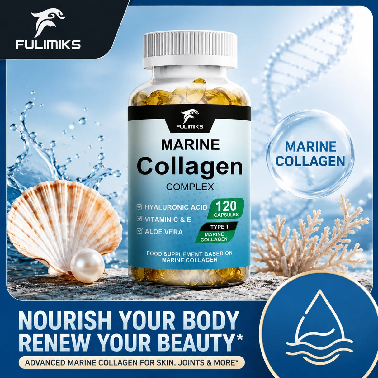 Marine Collagen Capsules, with Hyaluronic Acid & Vitamins, Supports Anti-Aging, Skin Moisture, Hair Growth & Nail Strength