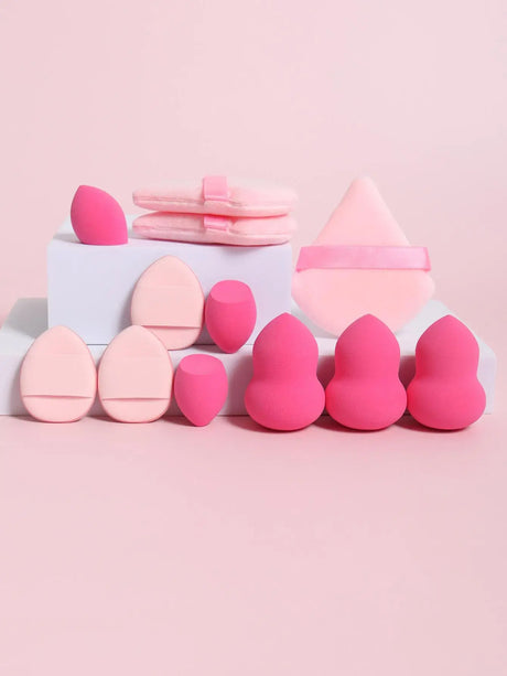 12pcs All-Purpose Makeup Sponges Set Consisting Of 3 Triangular Powder Puffs, 3 Mini Air Cushion Powder Puffs, 3 Water Drop Shaped Makeup Sponge, And 3 Mini Makeup Sponge. Suitable For Liquid Foundation, Powder Foundation, An