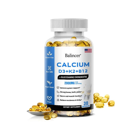 Calcium + D3 + K2 + B12 Capsules - Support Bone and Muscle Health, Replenish Joints
