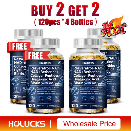 Resveratrol+NAC+NAD+Collagen Peptides+Hyaluronic Acid+Biotin Capsules, Boost Energy & Focus, Anti-Aging, Cellular Vitality