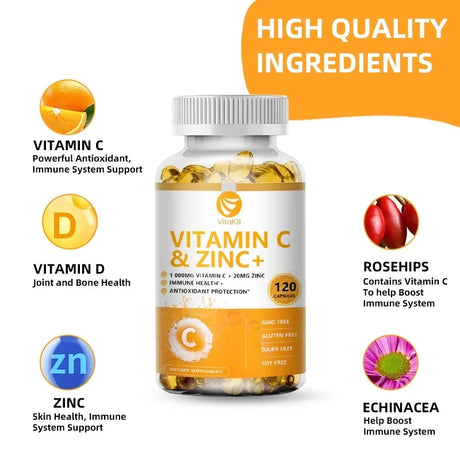 Vitakit Vitamin C 1000mg with Zinc 20mg 120 Capsules Vitamin Dietery Supplement | Non-GMO & Gluten Free Vegan