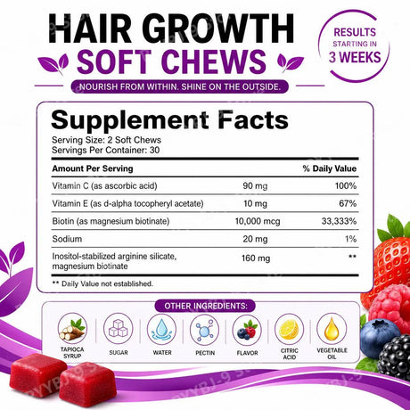 Hair Growth Gummies with Biotin and Vitamins C and E Support Hair Skin and Nails Health Mixed Berry Flavor 60 Gummies