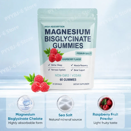 High Absorption Magnesium Bisglycinate Gummies Vegan Raspberry Flavor 60 Count Support Muscle Bone Health Non GMO Gluten Free
