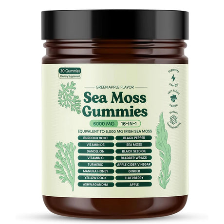 Sea Moss Gummies 16-in-1 Ashwagandha Black Seed Oil Bladder Wrack Turmeric Vitamin C D3 with Manuka Burdock Root Dandelion Apple