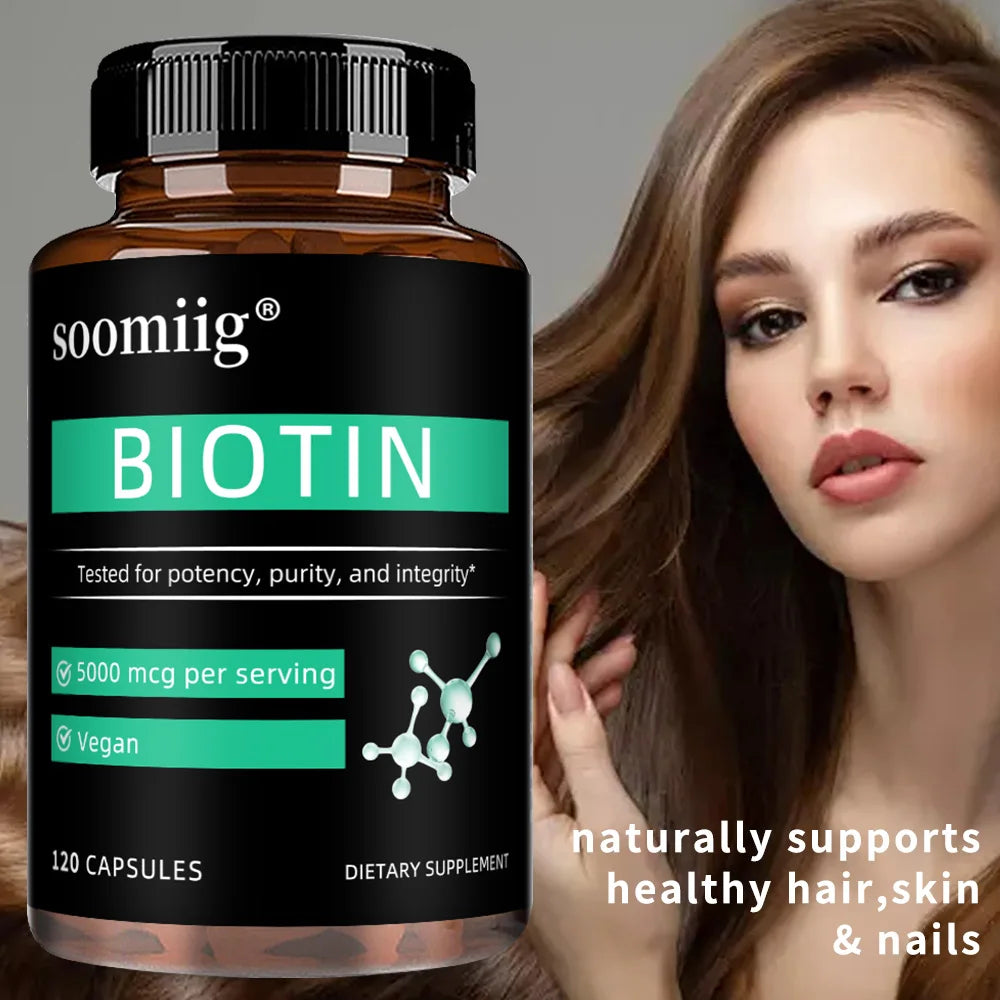 Vegan Biotin Supplement 5000 Mcg, Hair, Skin, Nails and Supports Normal Brain Function and Cognitive Abilities - 120 Capsules