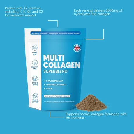 Hydrolyzed Multi Collagen Powder with Hyaluronic Acid, Liposomal Vitamin C Biotin and Grape Seed Extract Chocolate Formula 220g