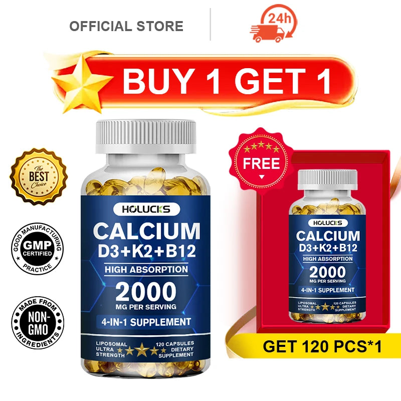 HOLUCKS Calcium D3+K2+B12 Capsules, with Calcium & Vitamin D3, Support Bone, Muscle & Heart Health