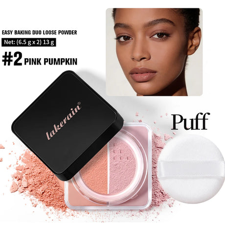 2 in 1 Bake Loose Powder Brightening&Correcting Duo Brightening Correcting Blurred Pores Matte LongLasting Setting Powder Makeup