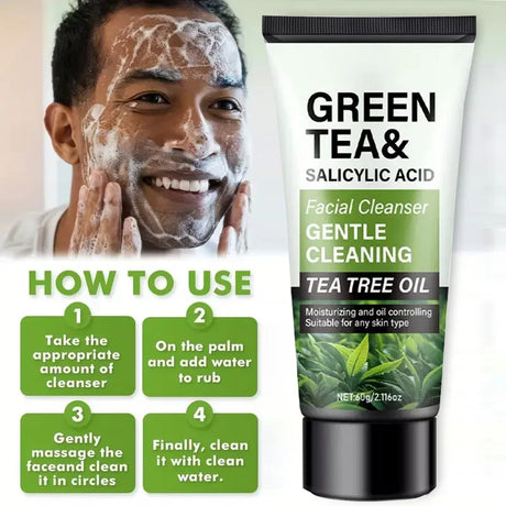Men's Facial Wash 60g - Green Tea & Salicylic Acid, Deep Cleansing, Oil Control, Tea Tree & Charcoal, For Men