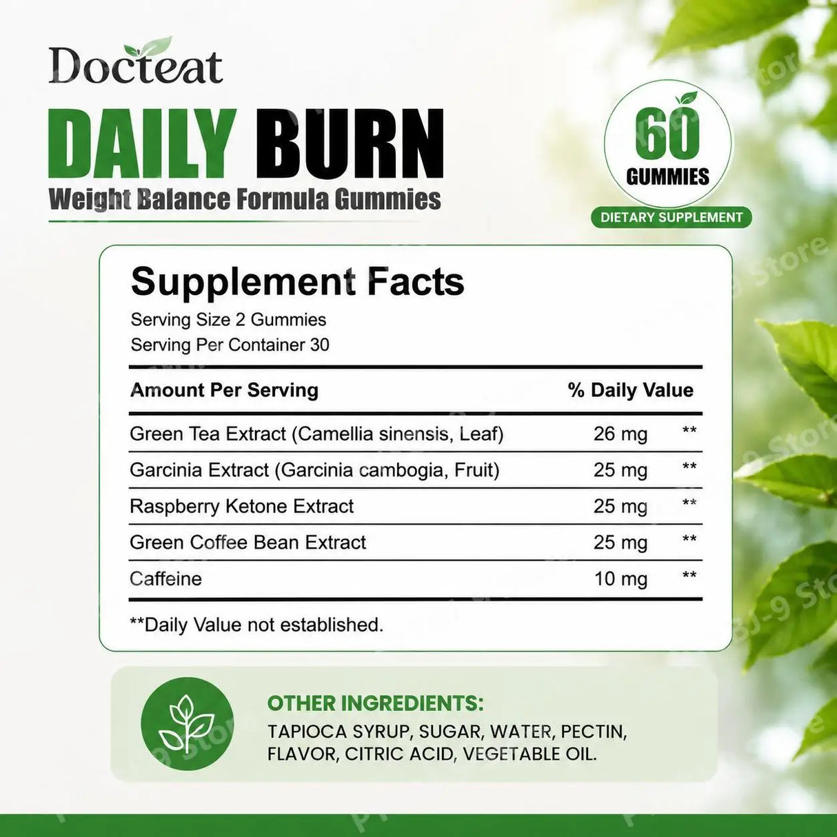 Docteat Daily Burn Gummies, Weight Balance, Metabolic Support, Digestive Comfort, Antioxidant, Energy & Vitality - 60 Count