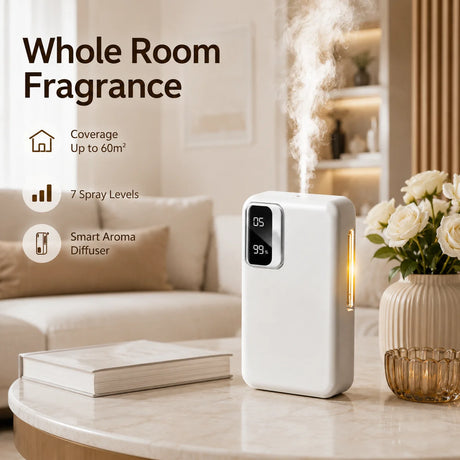 Smart Aroma Diffuser, 1800mAh Rechargeable Aromatherapy Machine, Automatic Fragrance Sprayer, Wall Mounted or Desktop Air Freshener with Ambient Night Light, 7 Spray Levels, 24H Timer for Bathroom Bedroom Office Hotel Home
