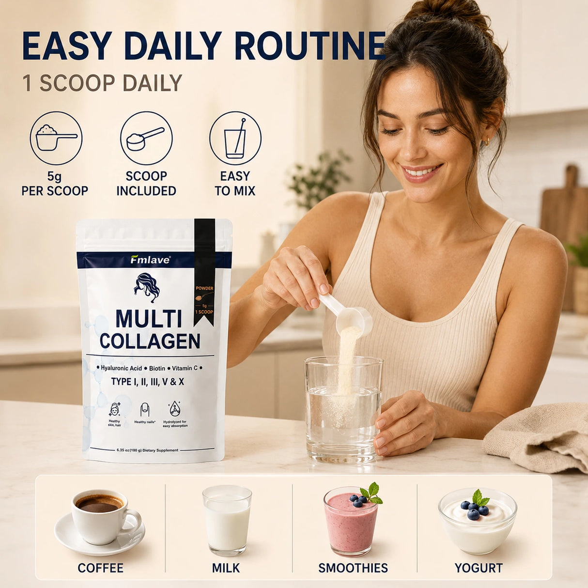 Fmlave Ingredients Multi Collagen Peptides Powder, – Hydrolyzed Type I,II,III,V,X with Biotin, Hyaluronic Acid, Vitamin C – Unflavored Collagen for Women & Men, Easy Dissolve