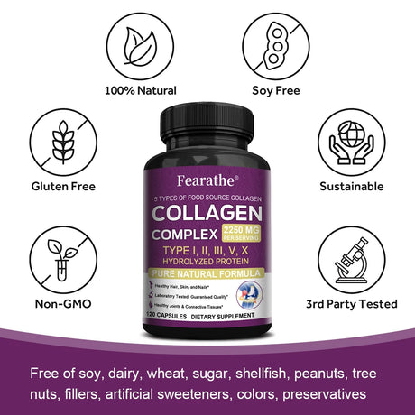Multi Collagen Complex Capsules, 5-Type Collagen Peptides, Support Skin Hair Nail Joint Bone Nutrition Immune & Digestive Health