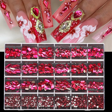 1 box of multi -shaped 3D nail diamond kits -24 AB crystal gem grids, flat -bottom nail art accessories multi -style nail suppli