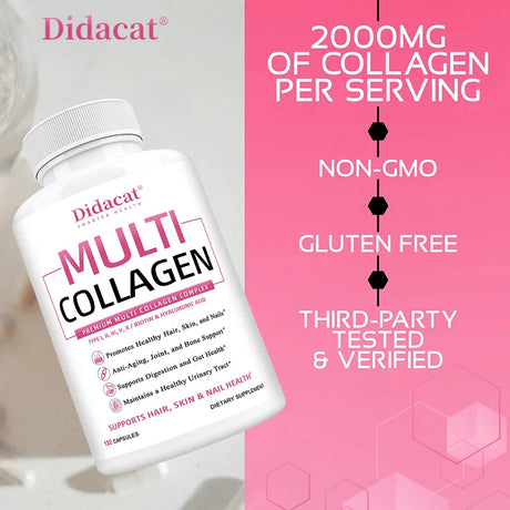 Multi Collagen Capsules Type I II III V X, Anti-Aging Supports Radiant Skin, Strong Hair Nails, Joint Cartilage & Bone Health