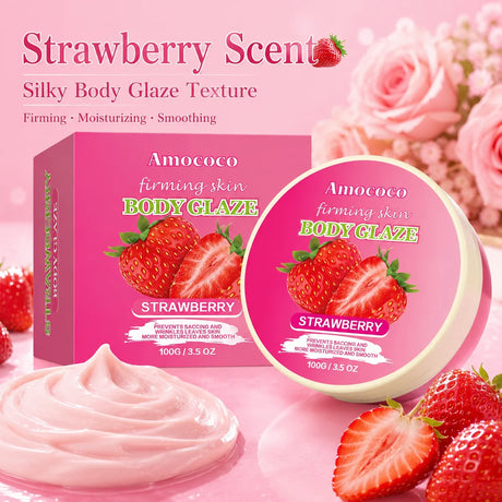 Strawberry Body Glaze Firming Skin Body Cream100g Moisturizing Body Butter Body Lotion Smooth Fine Lines Anti Dry Rough Skin Luminous Soft Non Greasy Strawberry Scent For All Skin Daily Skin Care